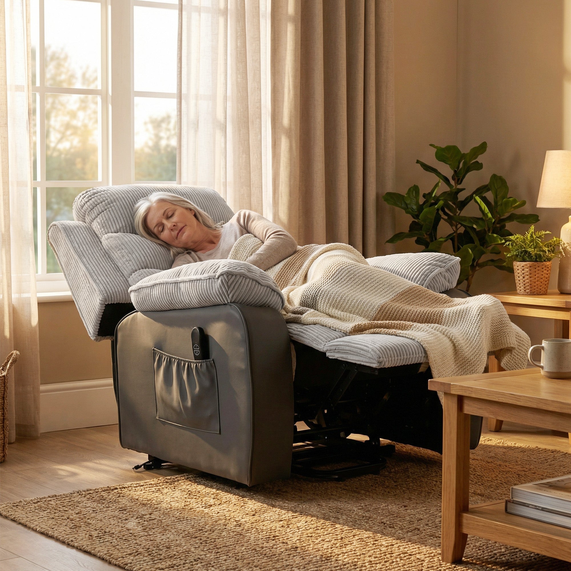 HOMCOM Overstuffed Corduroy Electric Lift Recliner Chair - Light Grey 