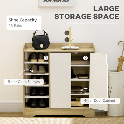 HOMCOM Shoe Storage with Double Doors and Open Shelves 13 Pair Shoe Storage Organizer for Entryway Hallway Natural and White 
