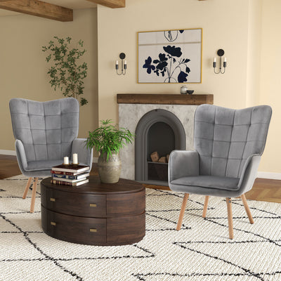 HOMCOM Modern Accent Chair Velvet-Touch Tufted Wingback Armchair Upholstered Leisure Lounge Sofa Club Chair with Wood Legs, Set of 2, Grey 