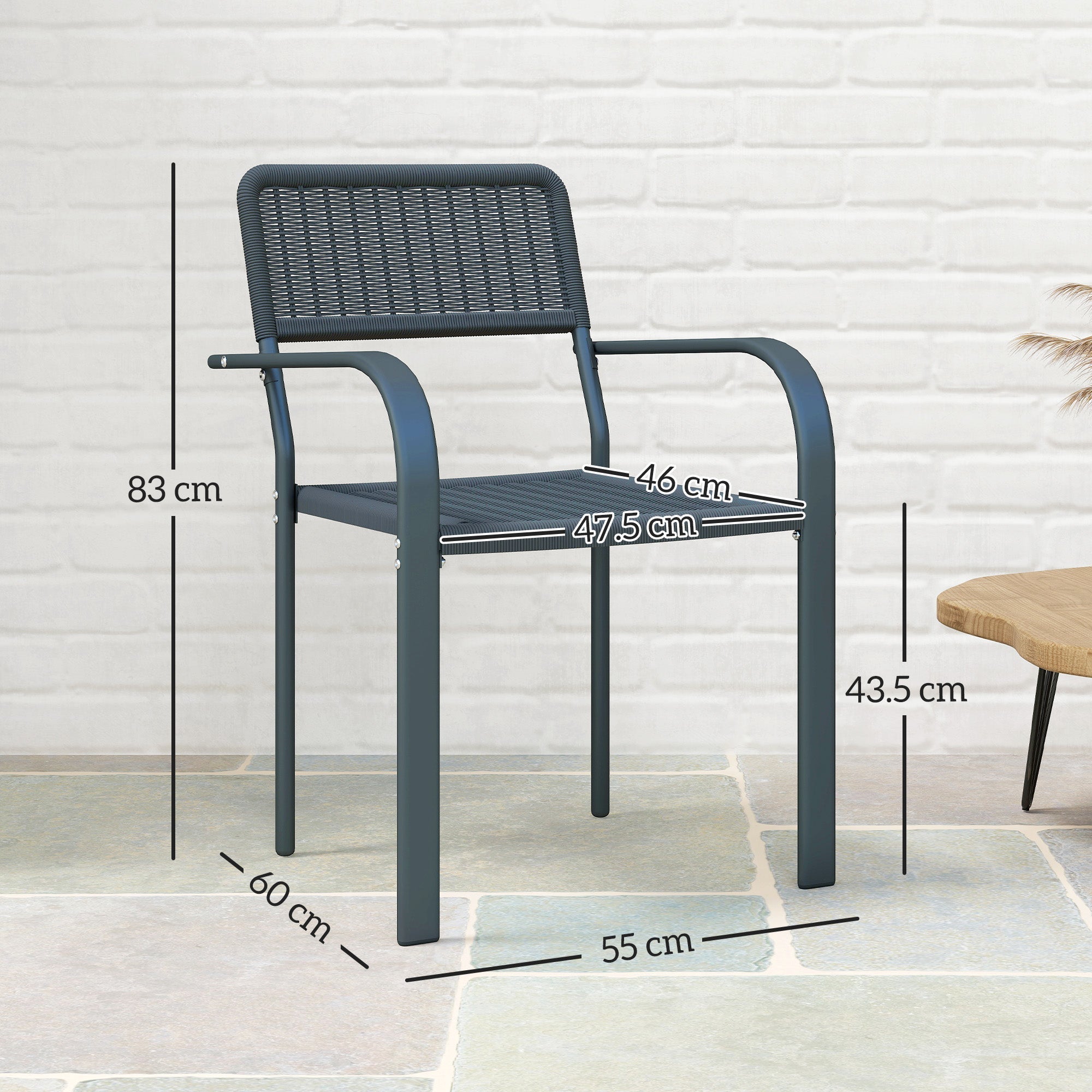 Outsunny Garden Chairs Set of 4, Stackable Rattan Effect Dining Chairs with Armrest, Weather Resistant and Lightweight Outdoor Furniture Armchairs for Patio, Balcony, Terrace, Dark Grey 