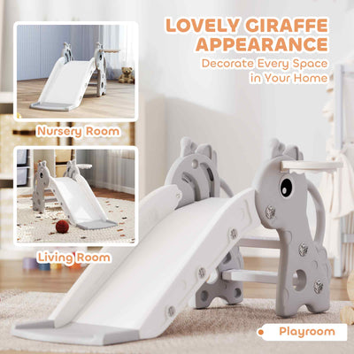 AIYAPLAY 3 in 1 Kids Slide with Climber, Basketball Hoop and Ball, Giraffe Shape Climber Slide for Indoor Kids Age 1-3, Grey 