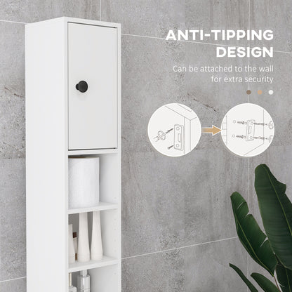 kleankin 180cm Tall Bathroom Cabinet, Slim Bathroom Storage Cabinet with 4 Open Shelves, 2 Door Cupboards and Adjustable Shelves, White 