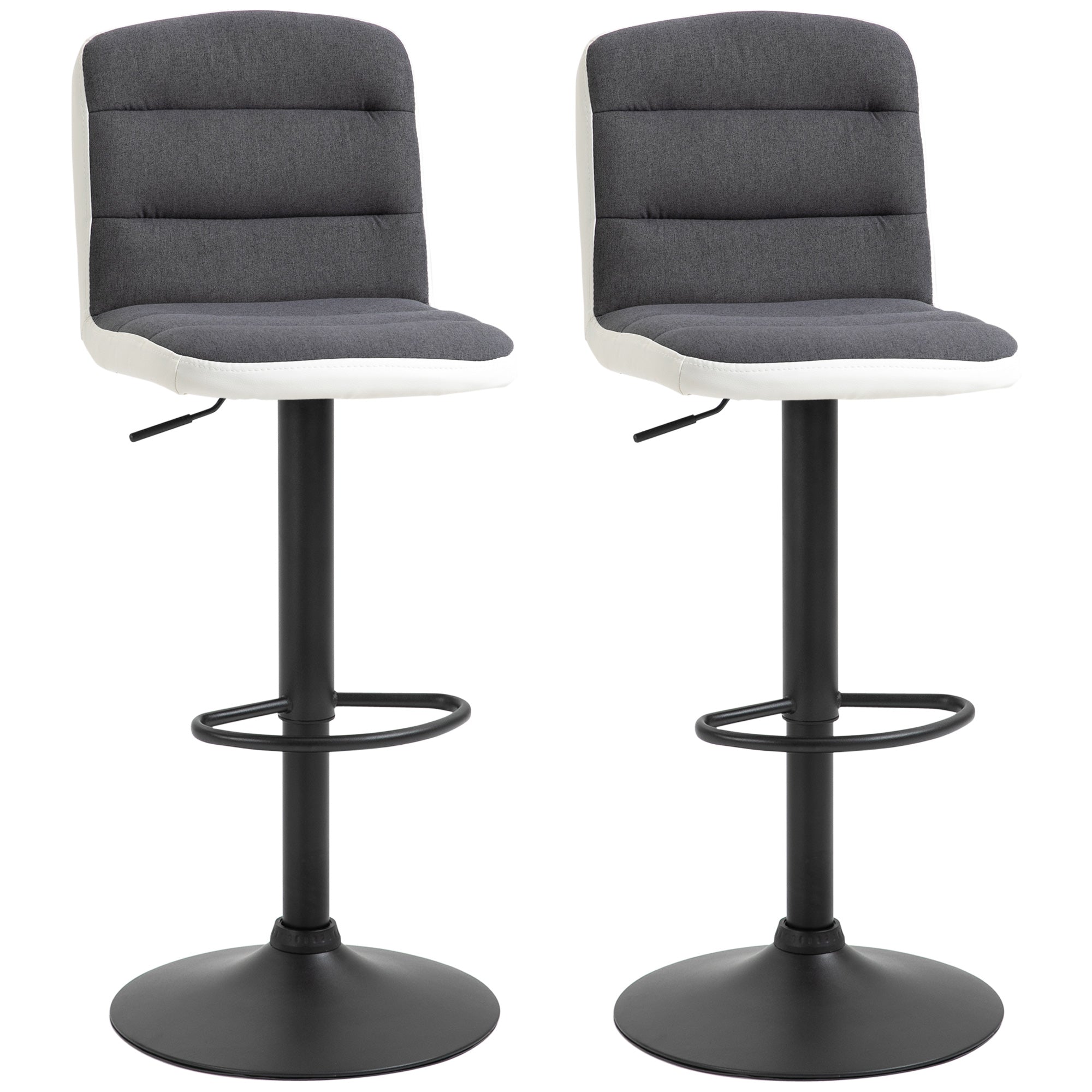 HOMCOM Bar Stools Set of 2, Height Adjustable Bar Chairs in Fabric and Faux Leather, 360° Swivel Kitchen Stool with Backrest and Footrest, Dark Grey 