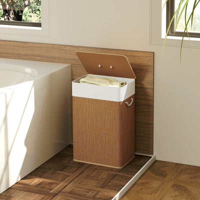 HOMCOM Bamboo Laundry Basket with Lid, 72L Laundry Hamper with Rope Handles, Washing Basket with Removable Washable Liner Bag for Bathroom, Bedroom, Brown 