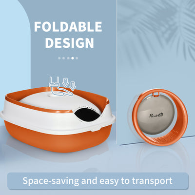PawHut Foldable Cat Litter Tray with Lid, Deodorant, Scoop, Orange 