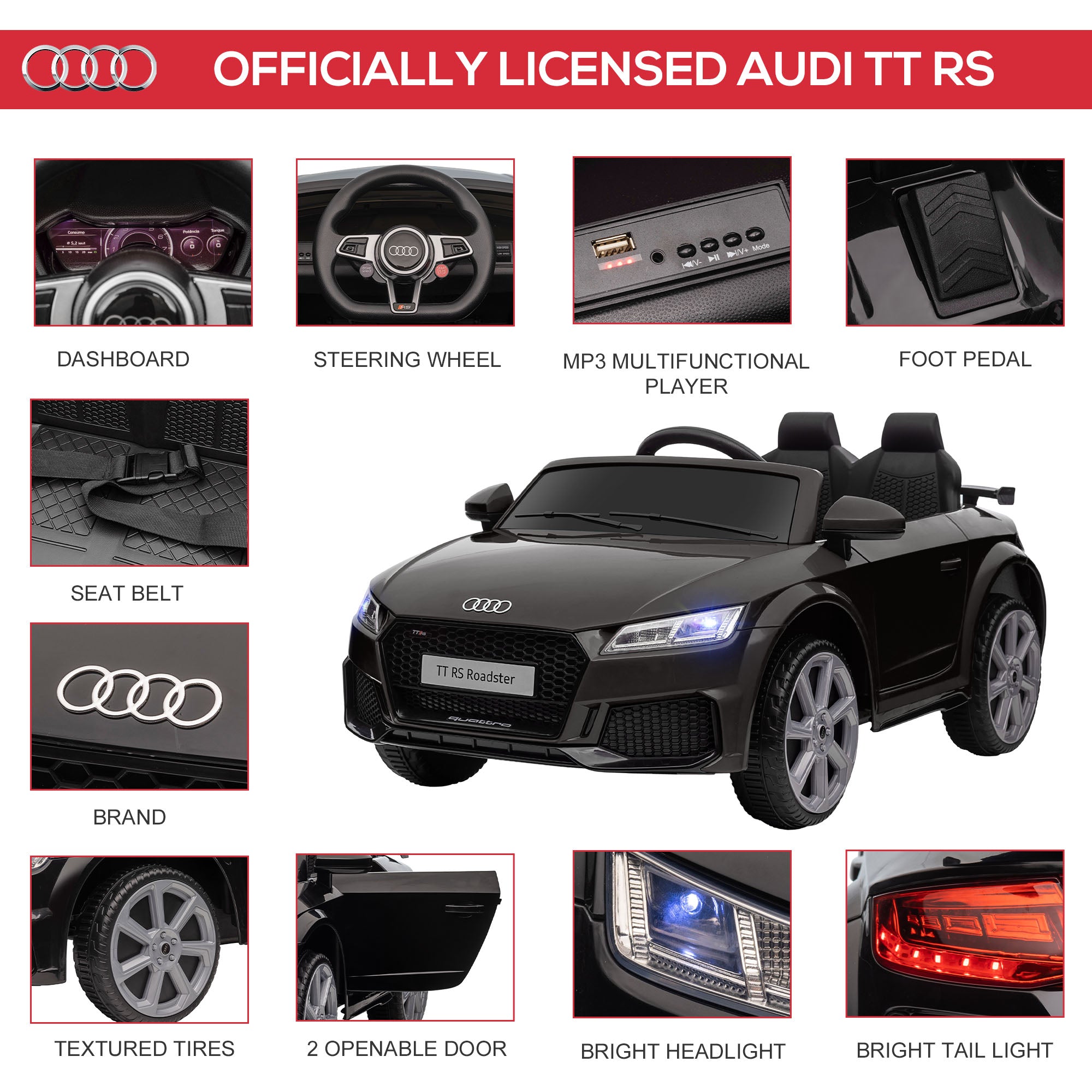 HOMCOM Kids Licensed Audi TT Ride-On Car 12V Battery w/ Remote Suspension Headlights and MP3 Player 2.5-5km/h Black 