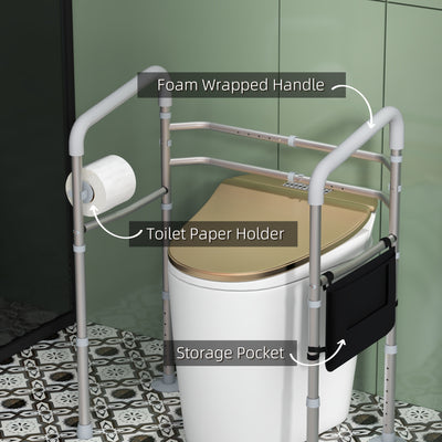 HOMCOM Free Standing Toilet Frame, Height and Width Adjustable Toilet Safety Frame with Arms, 2 Additional Suction Cups, Storage for Elderly, Disabled, Handrail Grab Bar, 136kg Weight Capacity 