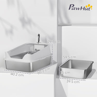 PawHut XL Stainless Steel Cat Litter Box with High Sides, Metal Scoop, 60 x 40 x 30 cm 