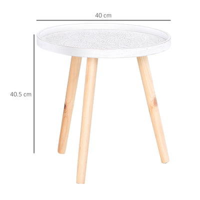 HOMCOM Coffee Table, Carved Floral Round Table with Tray-style Top and Wood Legs, Modern Side Table for Living Room, Set of 2, White 