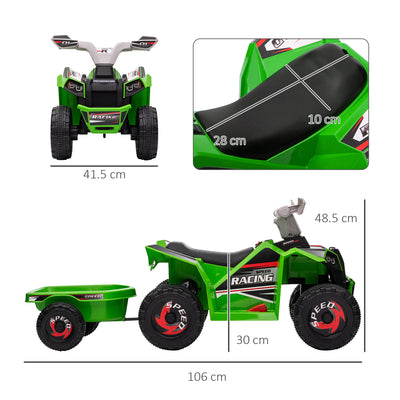 HOMCOM 6V Quad Bike with Back Trailer, Wear-Resistant Wheels, for Ages 18-36 Months, Green 