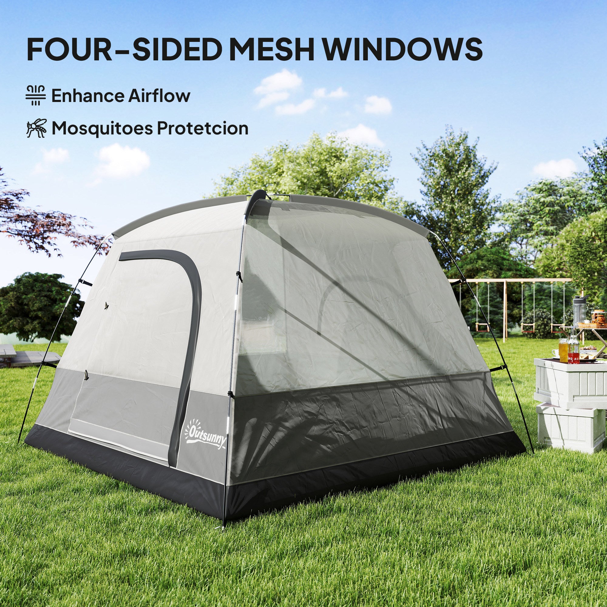 Outsunny 3-4 Person Camping Tent, Easy Set Up 3-4 Man Tent w/ Sewn-in Groundsheet, Waterproof Dome Tent w/ Mesh Windows, Grey 