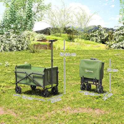 Outsunny 41L Festival Trolley on Wheels, Small Garden Folding Trolley Cart, 60kg Heavy Duty Collapsible Folding Wagon with Adjustable Handle and Carrying Bag for Beach, Camping, Festival, Green 