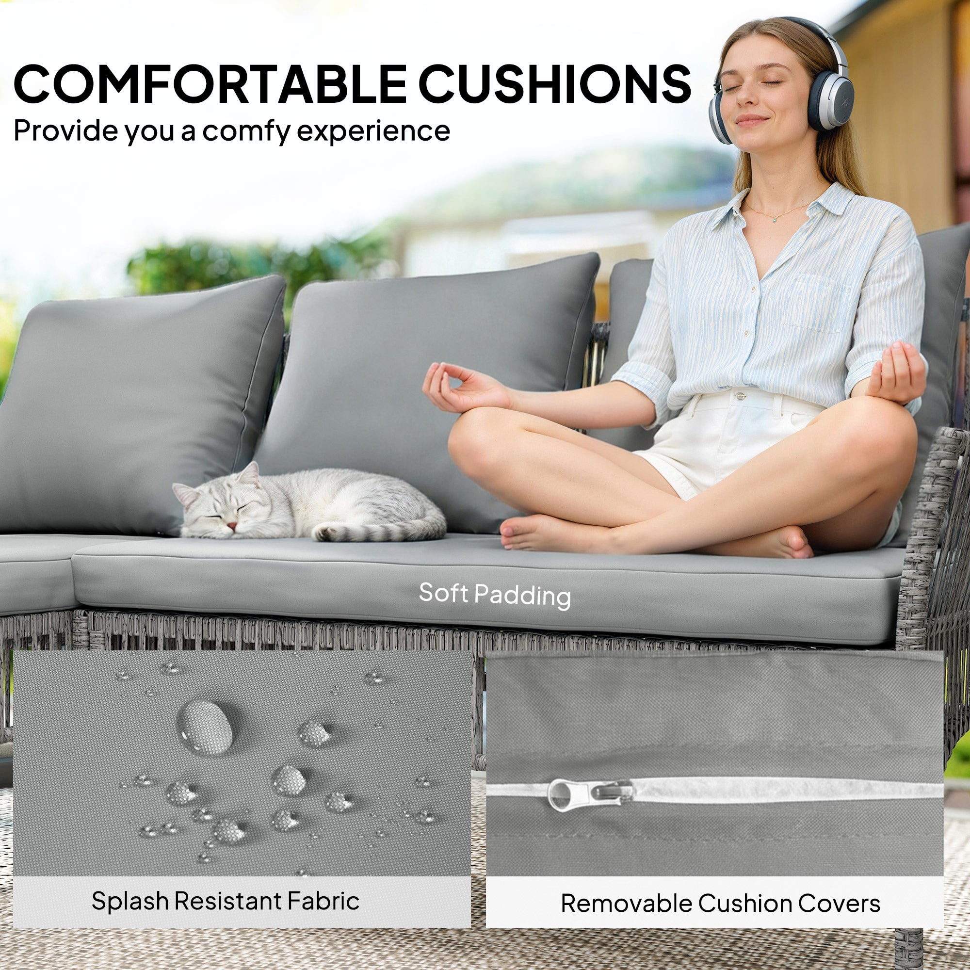 Outsunny 3 Piece Rattan Garden Furniture Corner Sofa Set with Chaise Lounge, Loveseat, Glass Coffee Table, Cushions, Dark Grey 