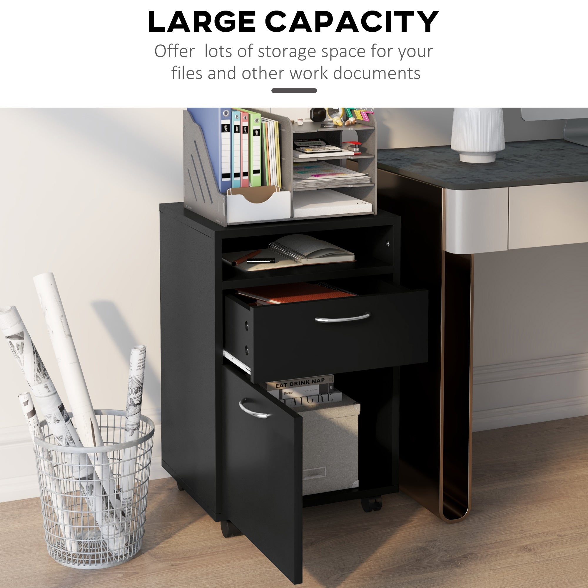HOMCOM 60cm Filing Cabinet with Drawer, Open Shelf, Metal Handles and 4 Wheels, Office Home Organiser Mobile Printer, Black 