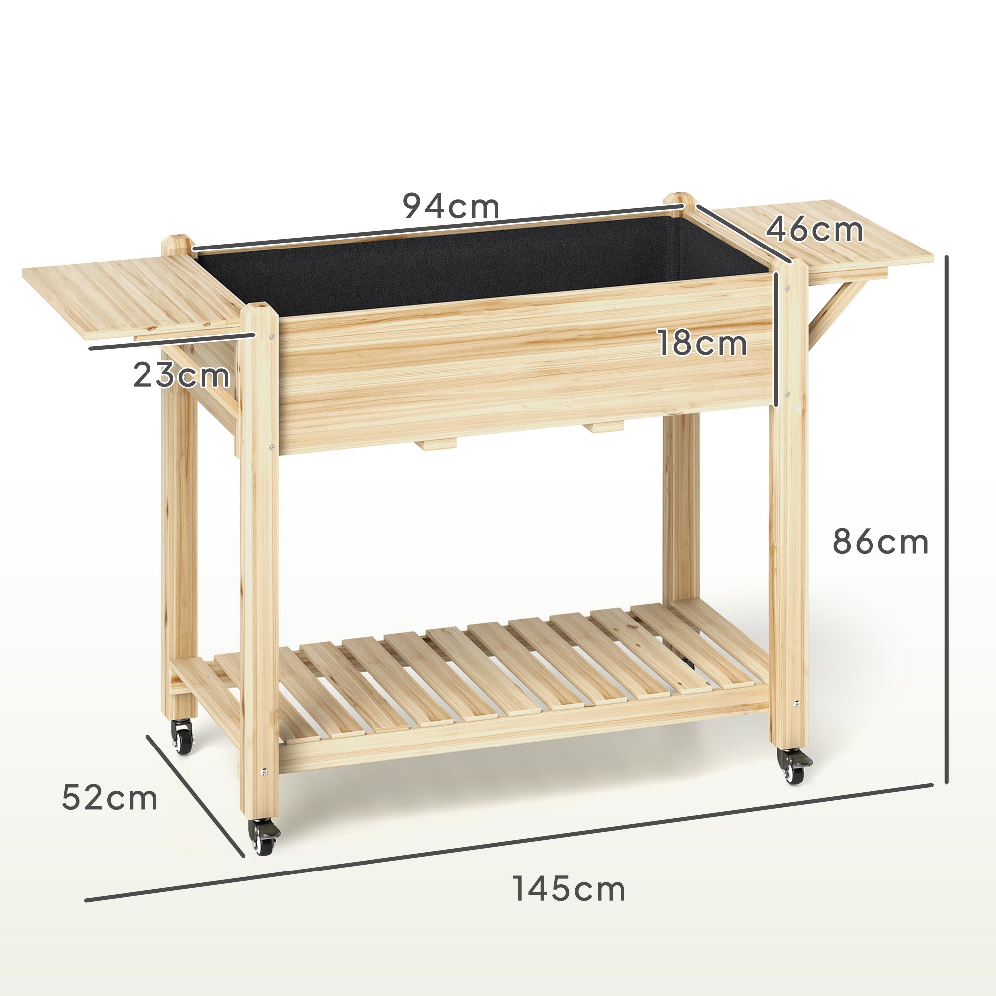 Outsunny Raised Garden Bed, Wooden Elevated Planter Box with Lockable Wheels, Side Tables and Bottom Shelf, Outdoor Planter with Liner and Drainage Holes for Vegetables, Flowers, Fruits, Natural