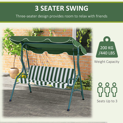Outsunny 3 Seater Garden Swing Seat Chair Outdoor Bench with Adjustable Canopy and Metal Frame, Green Stripes 