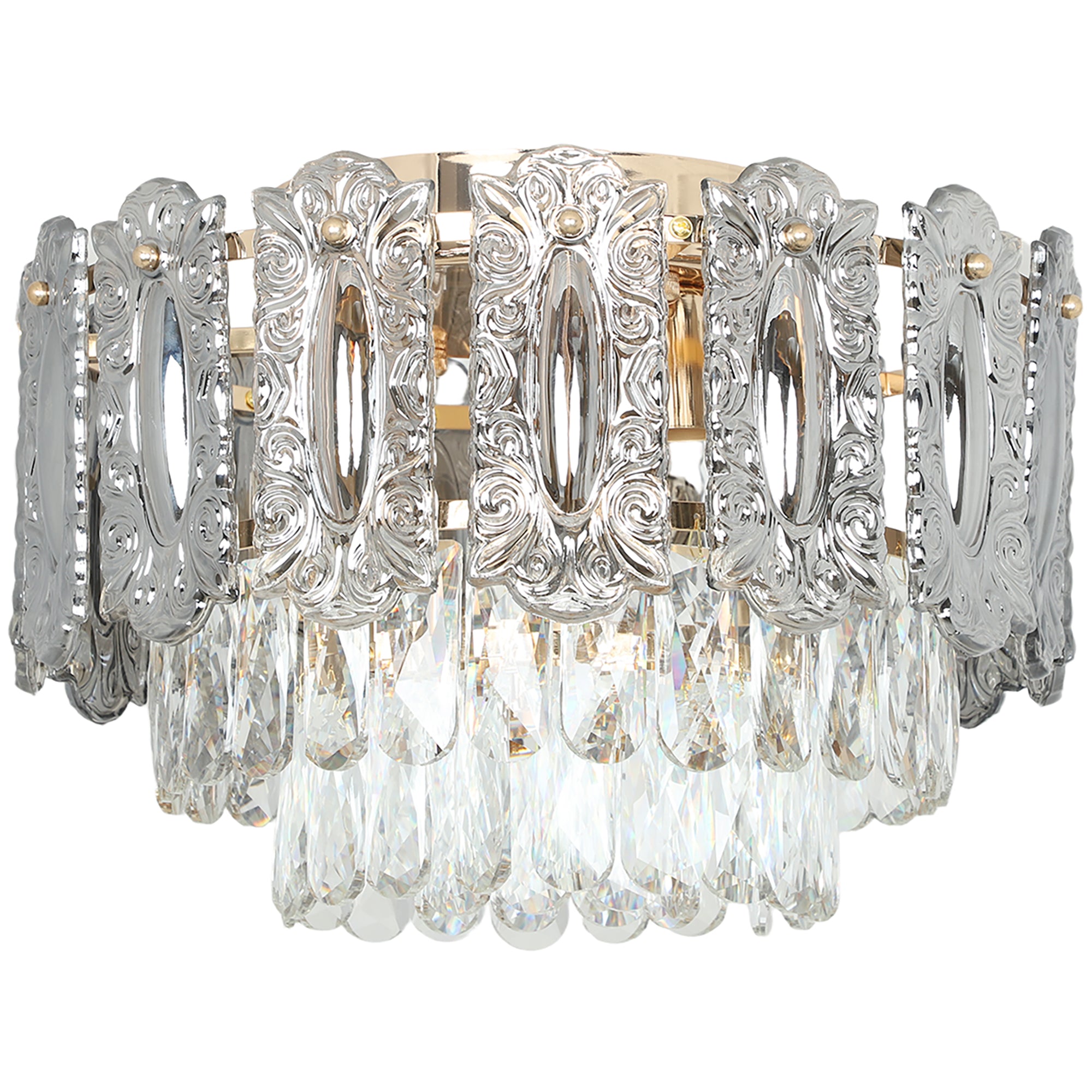 HOMCOM Chandelier Ceiling Light, 3-Light Flush Mount Fixture with Dual Crystal and Smoke Glass Shade, 40 cm LED Ceiling Light for Living Room Bedroom, 3 E14 Sockets, Bulbs Not Included, Gold Tone 