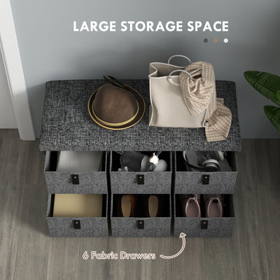 HOMCOM Six-Drawer Shoe Storage Bench, with Padded Top Seat - Dark Grey 
