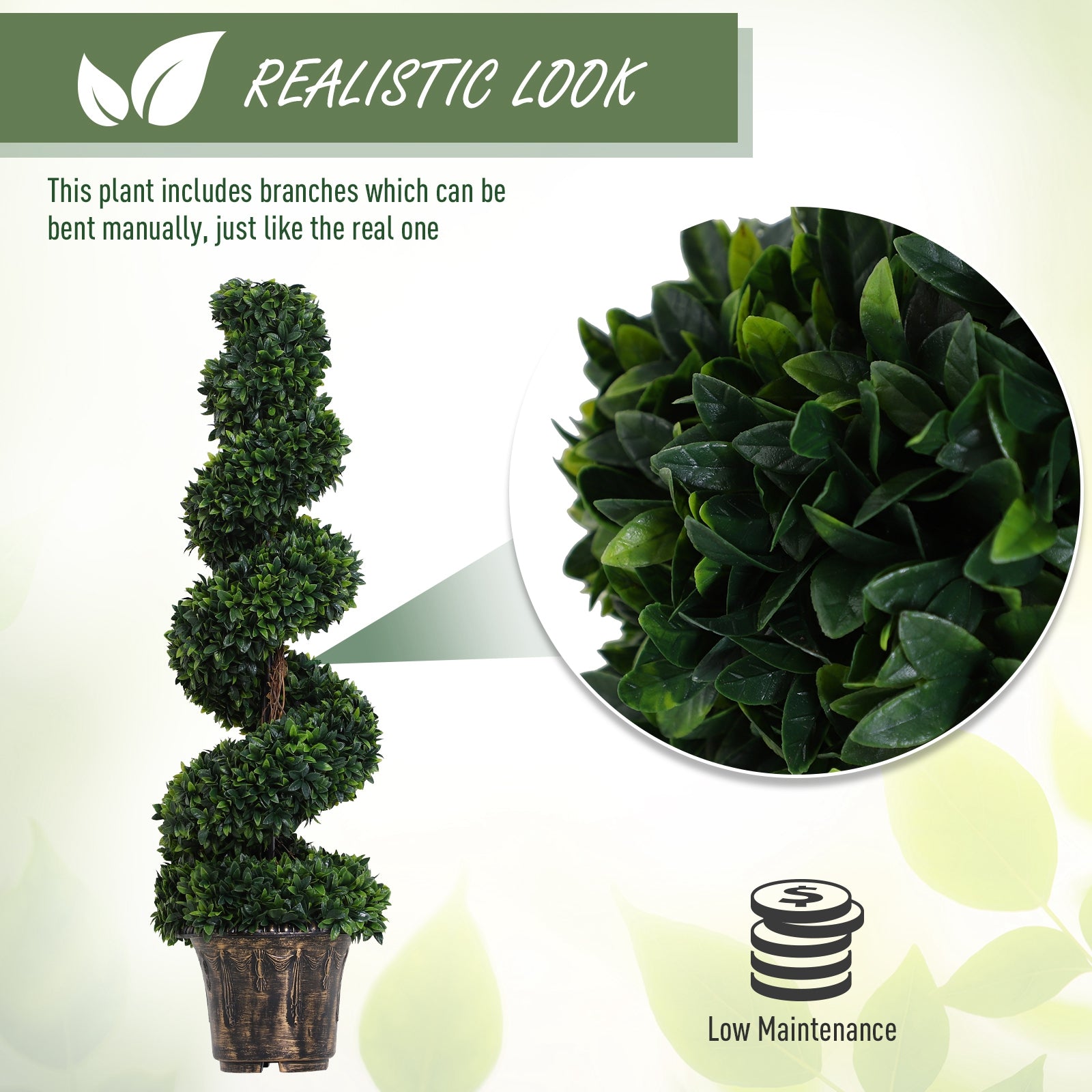 Outsunny Set of 2 Artificial Boxwood Spiral Topiary Trees Potted Decorative Plant Outdoor and Indoor Décor 120cm 
