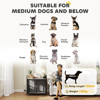 PawHut Dog Crate Furniture with Rotating Bowl Holder, 2 Bowls, 2 Doors, for Medium Dogs, 80 x 56 x 76.5 cm, Grey 