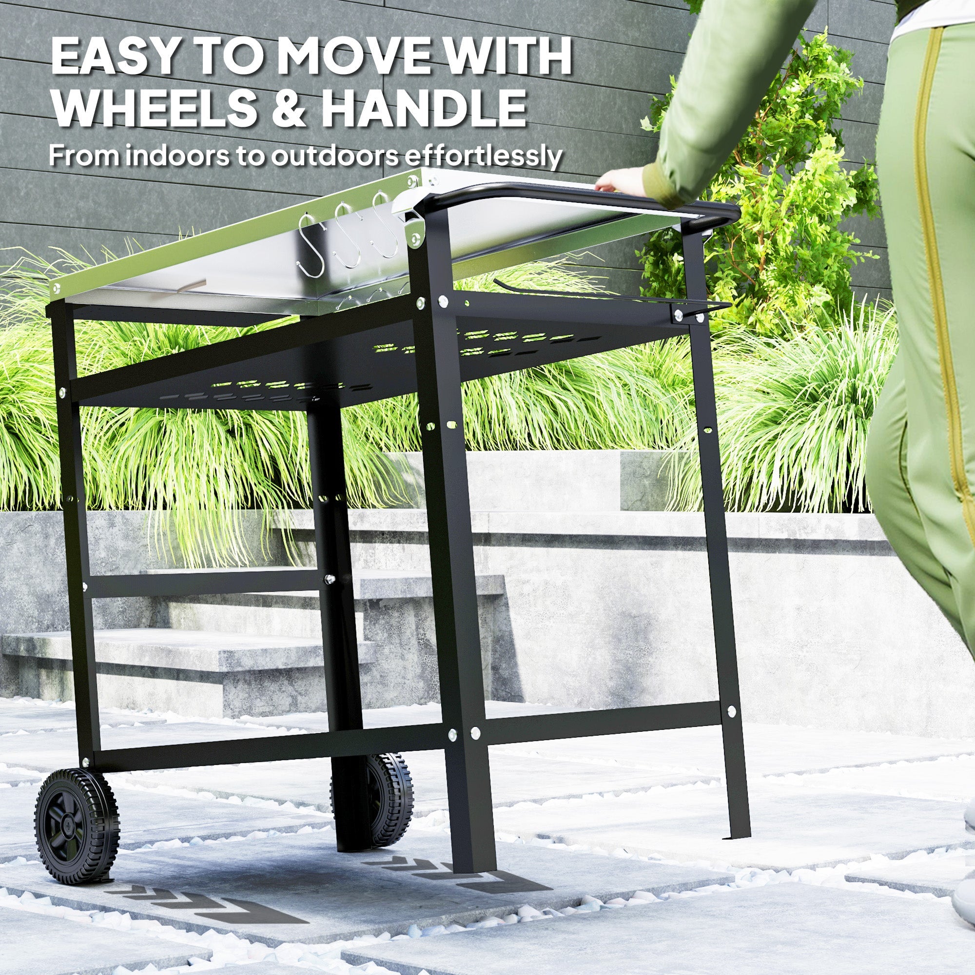 Outsunny BBQ Trolley with Stainless Steel Top Adjustable Shelf, Outdoor Kitchen BBQ Station with Hooks Seasoning Tray Towel Rack, Pizza Oven Table Movable Outdoor Grill Dining Cart with Cover, Black 