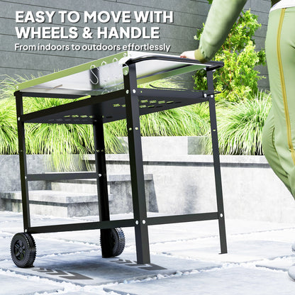 Outsunny BBQ Trolley with Stainless Steel Top Adjustable Shelf, Outdoor Kitchen BBQ Station with Hooks Seasoning Tray Towel Rack, Pizza Oven Table Movable Outdoor Grill Dining Cart with Cover, Black 
