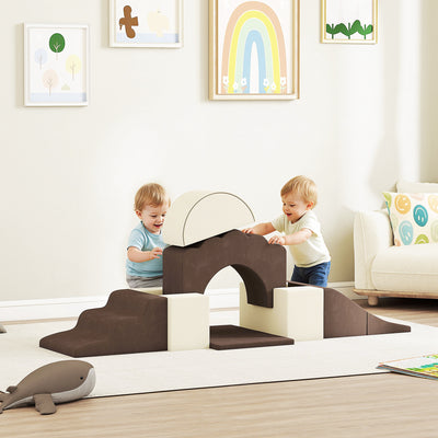 AIYAPLAY 7 Piece Kids Soft Play Set with Detachable Cover, Baby Indoor Climb and Crawl Foam Toy for Toddlers, Preschoolers, Brown 