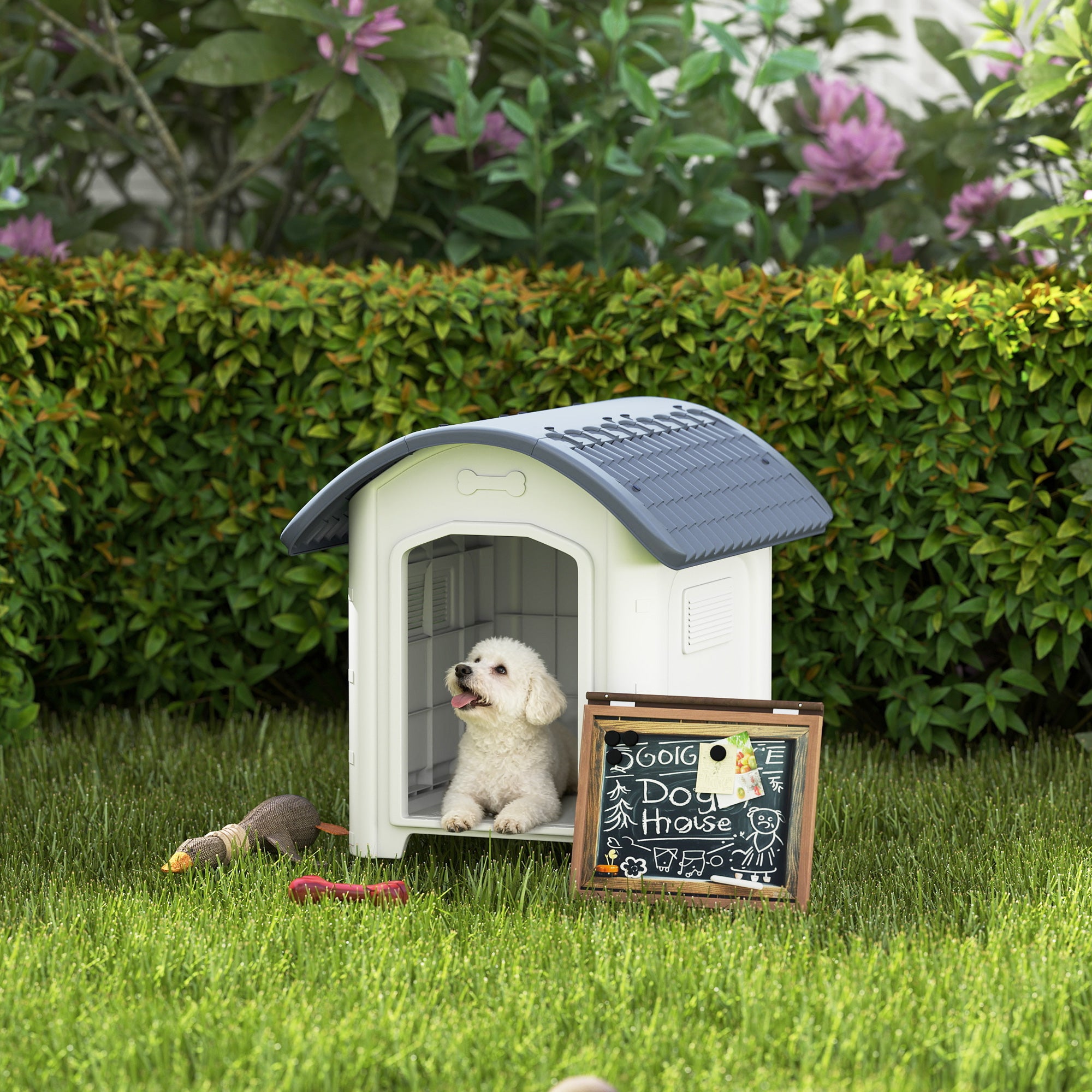 PawHut Outdoor Dog Kennel, Plastic Dog House with Removable Floor, Waterproof Roof, Raised Floor, 71 x 60 x 63 cm 