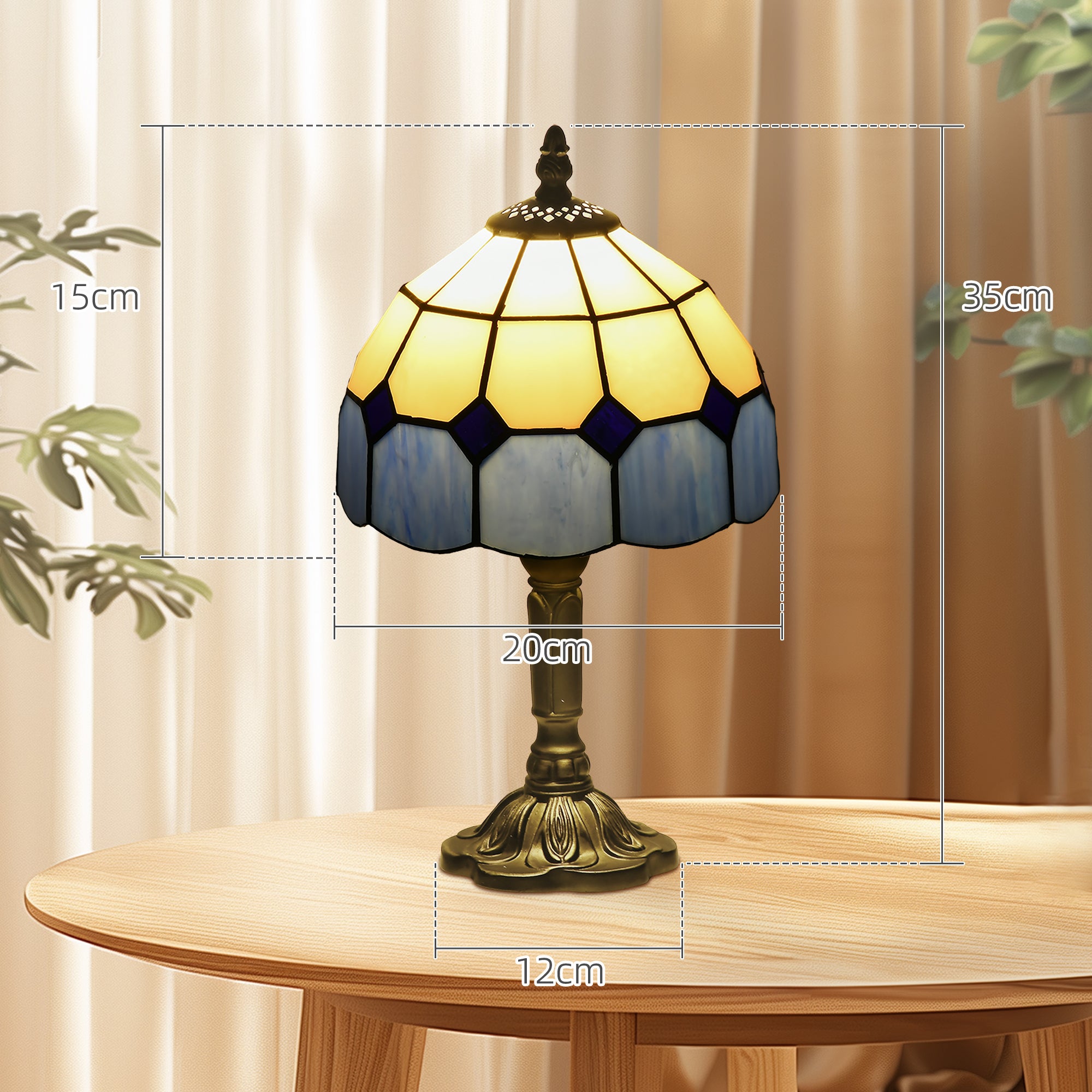 HOMCOM Handmade Stained Glass Table Lamp, Antique Bedside Lamp for Bedroom, Living room, Home, Nightstand, Decorative Night Light, Blue 