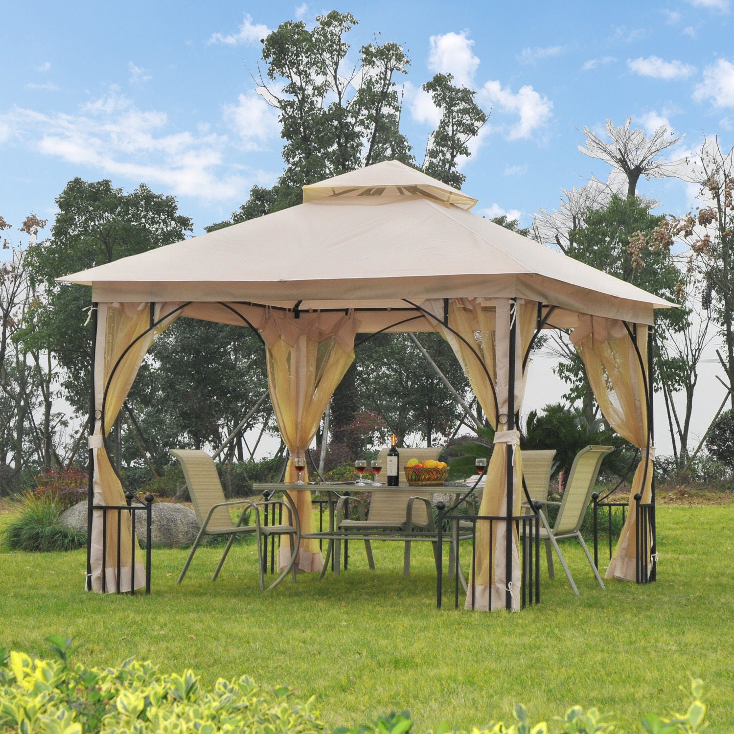 Outsunny 3 x 3(m) Garden Gazebo Patio Party Tent Shelter Outdoor Canopy Double Tier Sun Shade Metal Frame Netting, Beige 