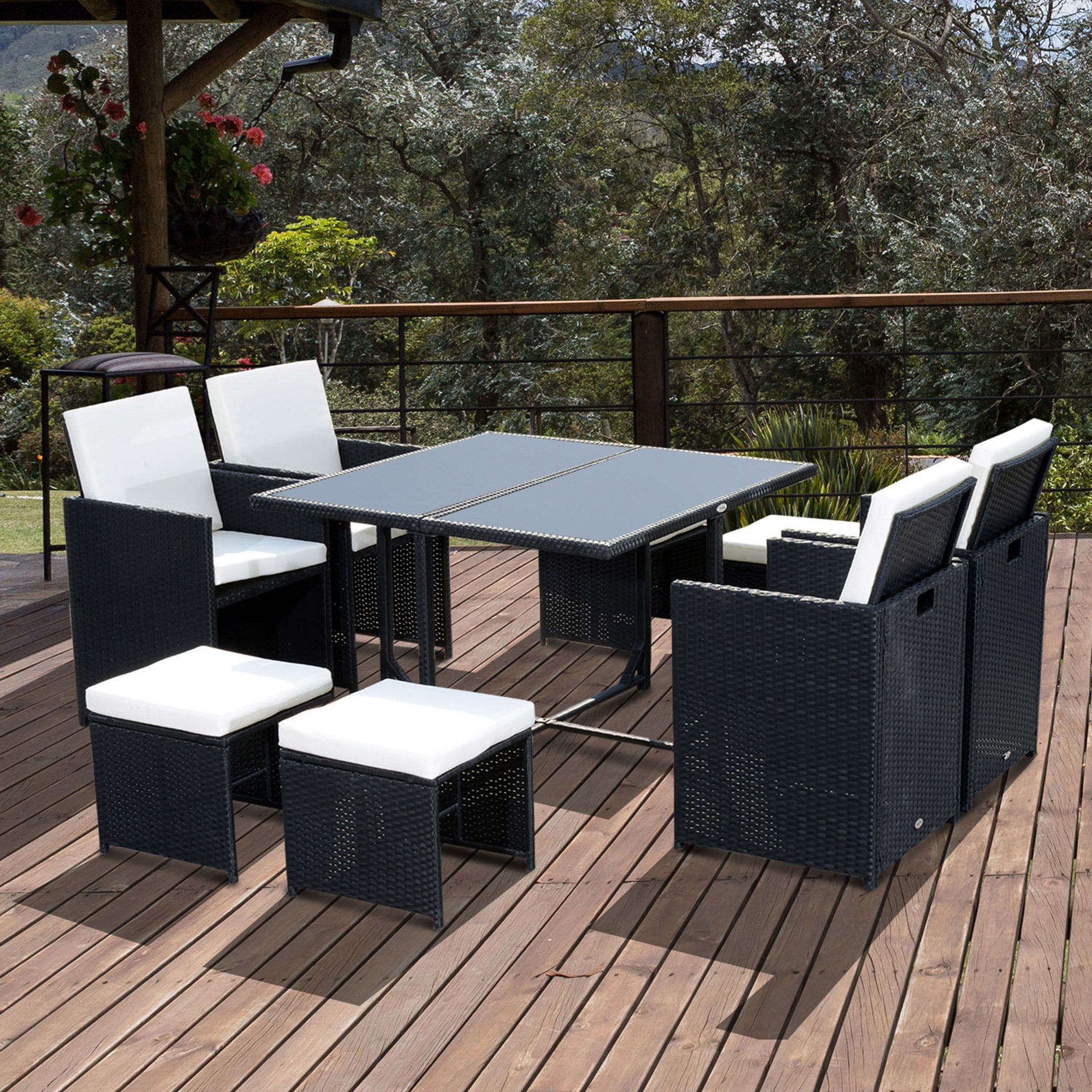 Outsunny 8 Seater Rattan Cube Garden Furniture Set, Rattan Dining Set with Cushions, Outdoor Dining Table and Chairs with 4 Armchairs, 4 Stools, Square Glass Top Table, Black 