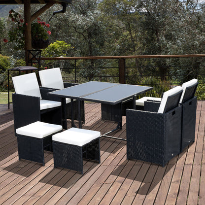 Outsunny 8 Seater Rattan Cube Garden Furniture Set, Rattan Dining Set with Cushions, Outdoor Dining Table and Chairs with 4 Armchairs, 4 Stools, Square Glass Top Table, Black 