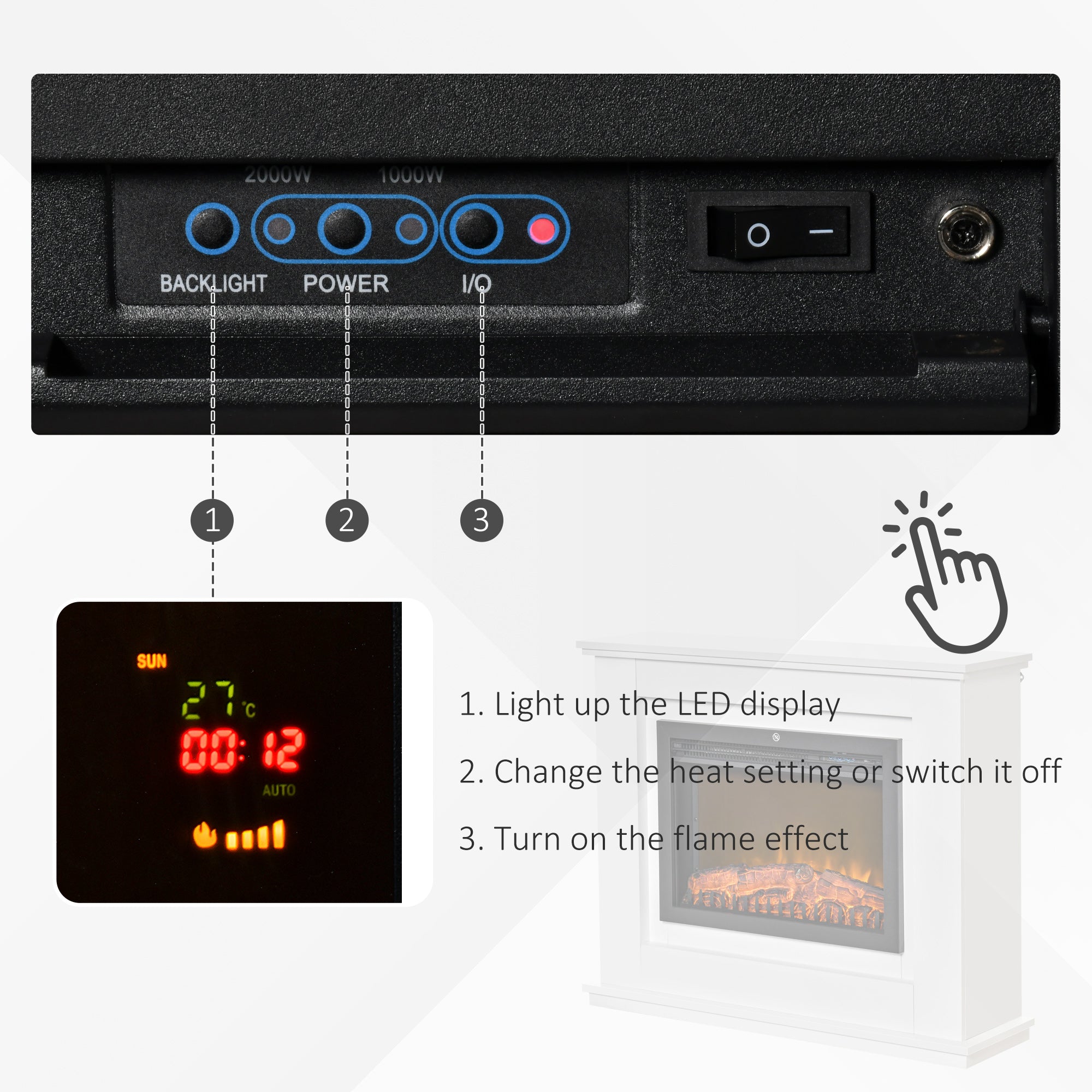 HOMCOM Electric Fireplace Suite with Remote Control, 1kW/2kW Freestanding Fireplace Heater with LED Flame Effect, Overheat Protection, 7-day Programmable Timer 