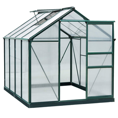 Outsunny 6 x 8ft Polycarbonate Greenhouse, Large Walk-In Green House with Slide Door and Window, Garden Plants Grow House with Aluminium Frame and Foundation, Dark Green 