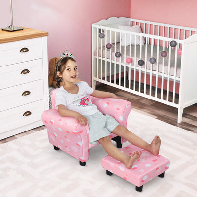HOMCOM Toddler Chair Children's Armchairs Wood Frame w/ Footrest Anti-Slip Legs High Back Arms for Bedroom Playroom Cute Cloud Star Pink 