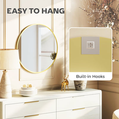 HOMCOM 61cm Decorative Wall Mirror for Bedroom Living Room, Modern Round Bathroom Mirror for Home Decor, Gold Tone 