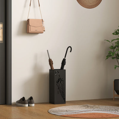 HOMCOM Metal Umbrella Stand, Square Umbrella Holder with 4 Hooks and Removable Drip Tray, Decorative Umbrella Storage Rack for Entryway, Hallway, 15.5 x 15.5 x 41 cm, Black 