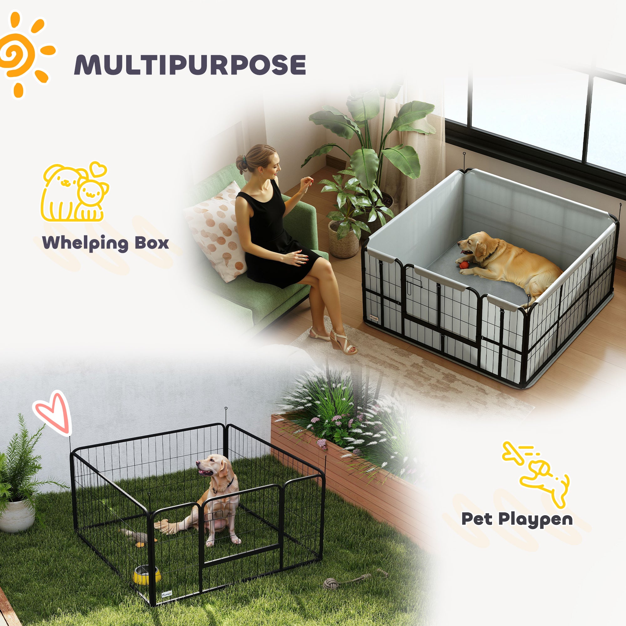 PawHut Steel Dog Whelping Box with Washable Whelping Pad, Wind-Resistant Cloth, for Small, Medium Dogs, 122 x 122 x 60cm 