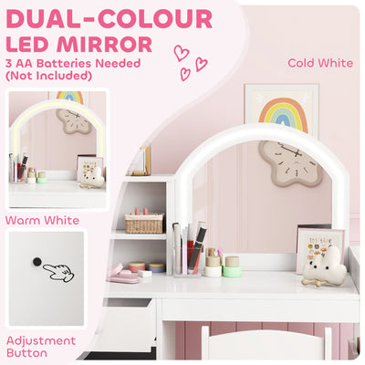 AIYAPLAY Kids Vanity Table and Chair Set, Girls Dressing Table with 2-Colour LED Mirror, Stool, Cabinet, Drawer, Shelves, White 