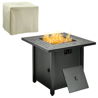 Outsunny Square Propane Gas Fire Pit Table, 40000 BTU Rattan Smokeless Firepit Patio Heater with Protective Cover, Lava Rocks and Lid, 71cm x 71cm x 62cm, Black 