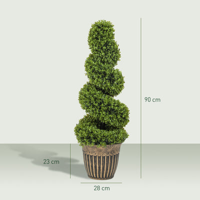 HOMCOM Set of 2 Artificial Plants, Topiary Spiral Boxwood Trees with Pot, for Home Indoor Outdoor Decor, 90cm 