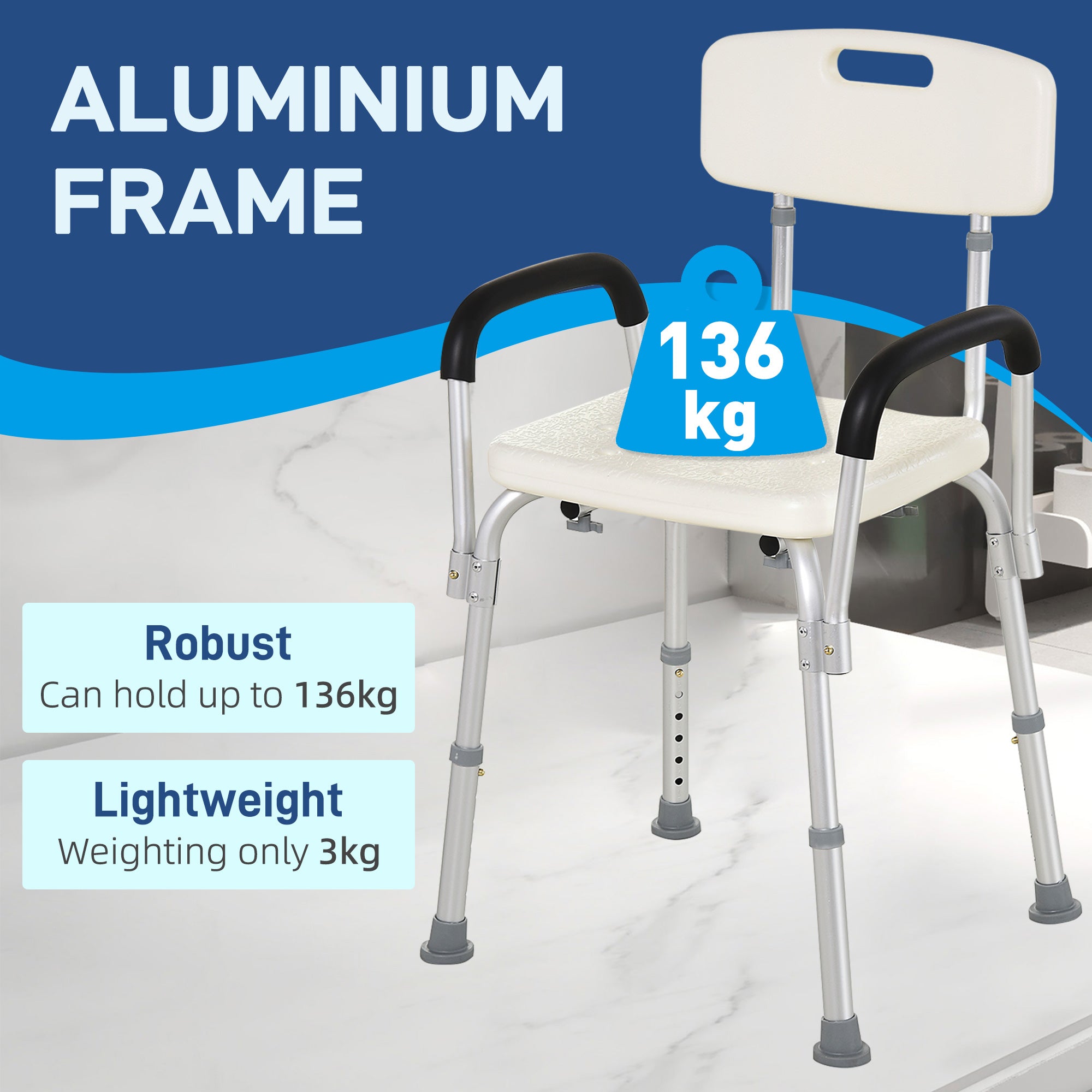 HOMCOM Adjustable Shower Chair, Shower Seat, Portable Medical Stool with Adjustable Back and Armrest for Mobility 