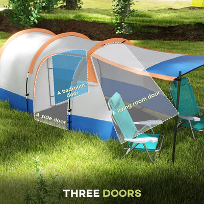 Outsunny Camping Tent, Large Tunnel Tent with Bedroom and Living Area, 2000mm Waterproof, Portable with Bag for 2-3 Man, Orange 