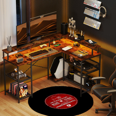 HOMCOM L Shaped Gaming Desk with LED Lights and Power Outlets, 150cm Corner Computer Desk with Monitor Stand and Storage Shelves, Home Office Desk for Small Space, Rustic Brown 