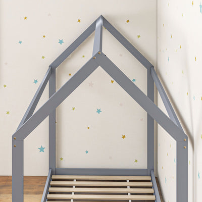 HOMCOM Single Bed Frame, House Scandinavian Style Wooden Bed Frame for 90W x 190Dcm Mattress, Pine Wood Bed Base, Grey 