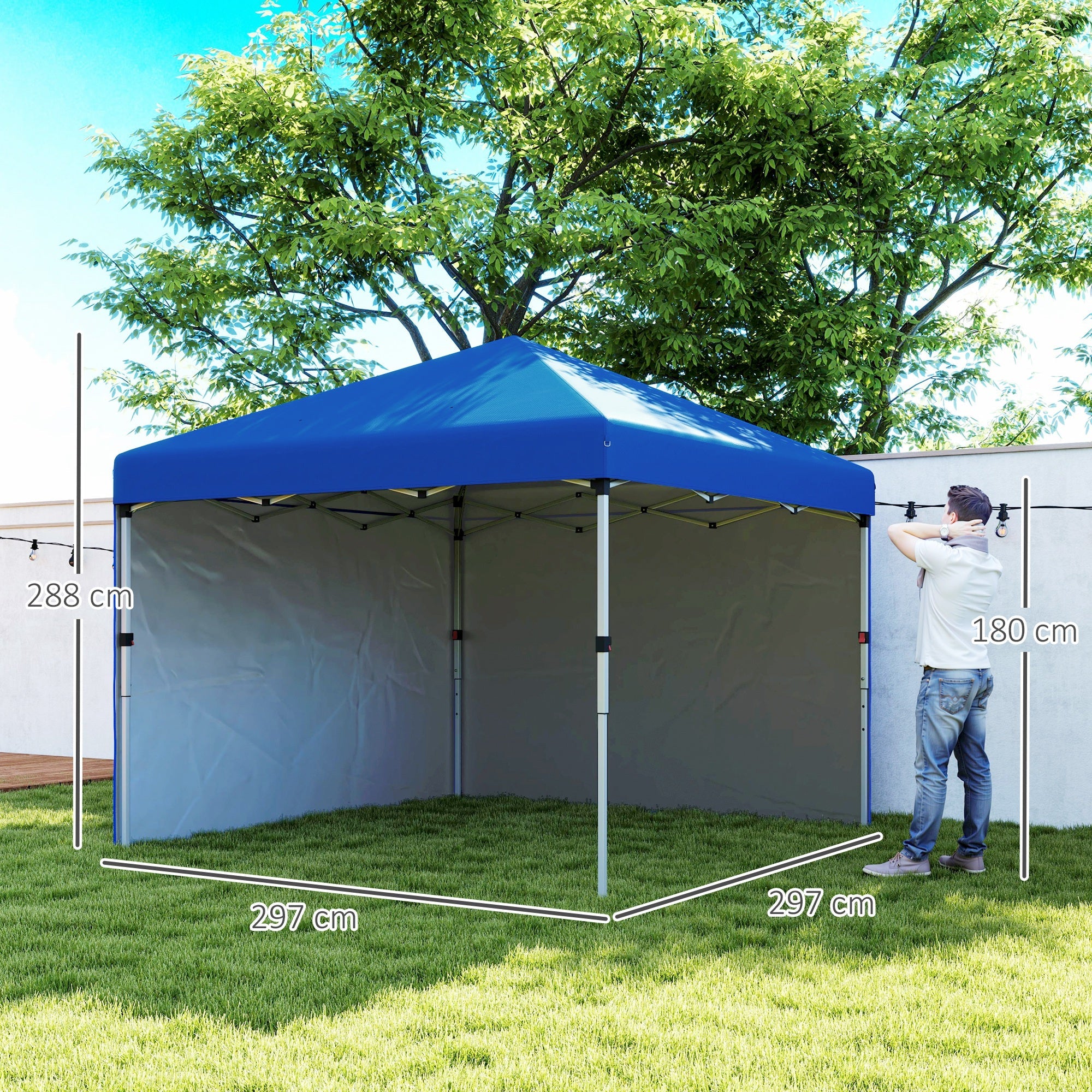 Outsunny 3 x 3 (M) Pop Up Gazebo, UPF 30+ with 2 Sidewalls, Leg Weight Bags and Wheeled Bag, Height Adjustable Party Tent Event Shelter for Garden, Patio, Blue 