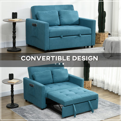HOMCOM Loveseat Sofa Bed, Convertible Bed Settee with 2 Cushions, Side Pockets for Living Room, Blue 