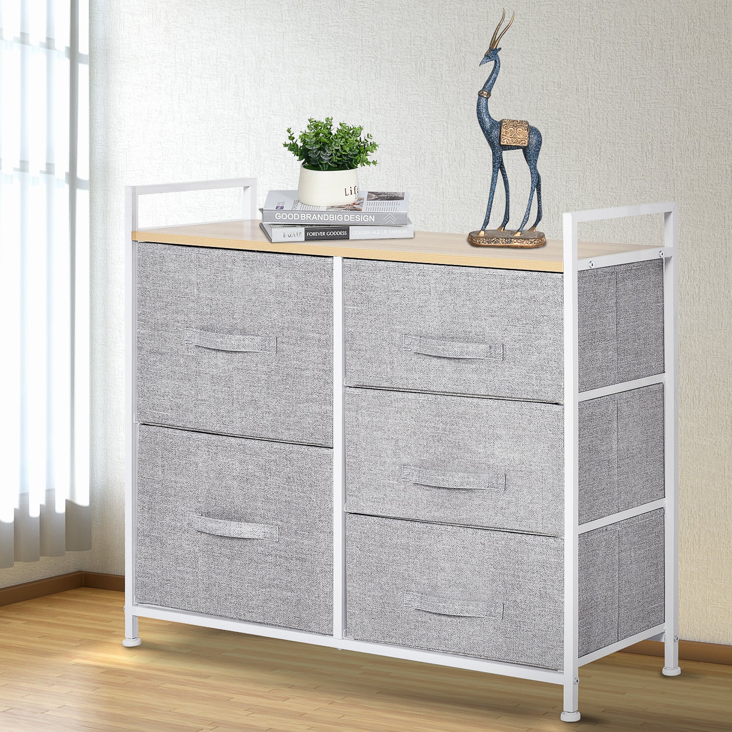 HOMCOM 5 Drawer Linen Basket Storage Unit Home Organisation w/ Shelf Handles Metal Frame Adjustable Feet Hallway Home Dresser Grey 