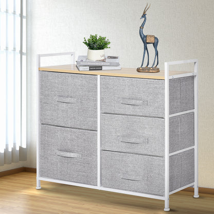 HOMCOM 5 Drawer Linen Basket Storage Unit Home Organisation w/ Shelf Handles Metal Frame Adjustable Feet Hallway Home Dresser Grey 