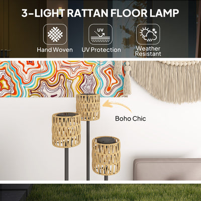 Outsunny Boho Rattan Floor Lamp, 3-Lights Rattan Lamp with Shelf, Freestanding Solar Garden Light with Auto On/Off Lights, IP44 Waterproof for Porch, Pathway, Deck, Yellow 